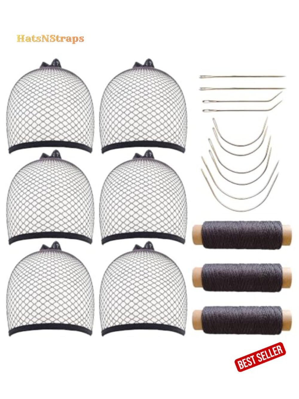 6 Wig Caps with Sewing Kit, Black Thread, 10 Needles, Hair Net